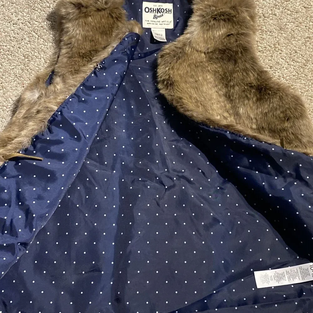 OshKosh B’gosh Girls Faux Fur Vest Brown Belted Lined Size 10 12